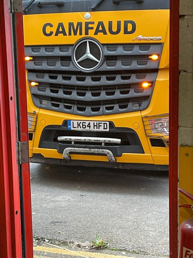 Camfaud iONTRON electric concrete pump mounted on Mercedes Arocs